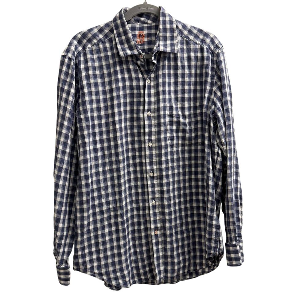 J McLaughlin Men’s Large 100% Linen Plaid Long Sleeve Shirt Blue Preppy Classic